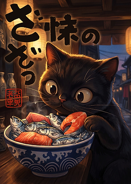 Cute Black Cat Eating Fresh Sashimi