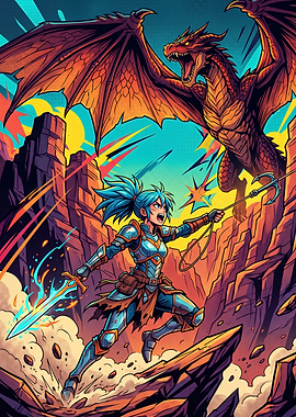 Warrior Woman Battling a Dragon