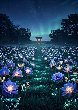 Glowing Blue Flower Field at Night