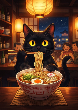 Black Cat Eating Ramen in Restaurant