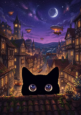 Black Cat Watching Steampunk City