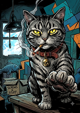 Tough Tabby Cat Smoking Cigar