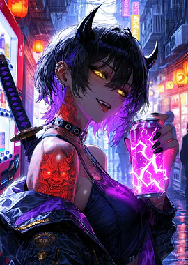 Cyberpunk Demon Girl with Energy Drink