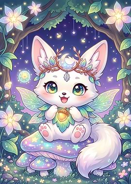 Cute Fairy Fox on Magical Mushroom