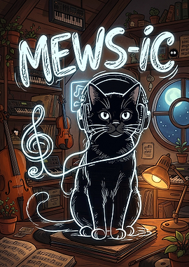 Mews-ic Black Cat Music Room Illustration