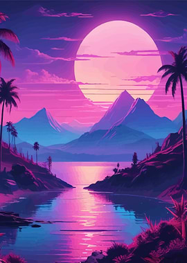 Synthwave Tropical Mountain Sunset Landscape