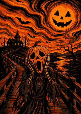 Screaming Pumpkin Scarecrow Halloween Art