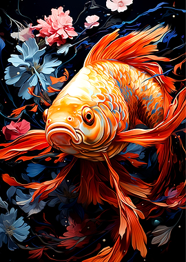 Vibrant Goldfish Amidst Floral Blooms
