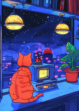 Orange Cat Watching Futuristic Cityscape