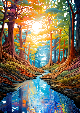 Vibrant Colorful Forest Stream Landscape