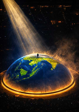 KANYE WEST Standing on Glowing Earth Sphere