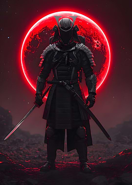 Futuristic Samurai Under Red Moon