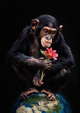 Chimpanzee Holding Flower on Earth