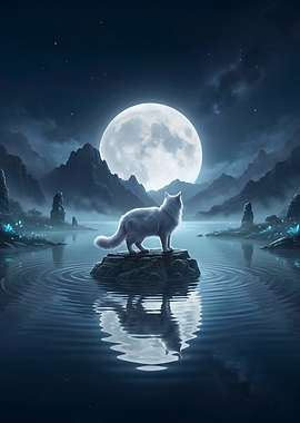 White Cat Under Full Moon