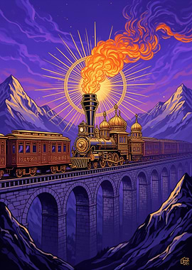 Fantasy Steam Train Crossing Mountain Bridge