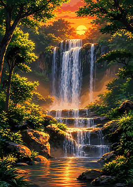 Golden Sunset Waterfall Forest Landscape