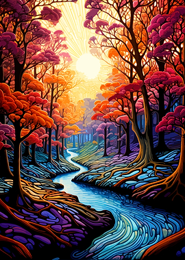Vibrant Surreal Forest River Landscape