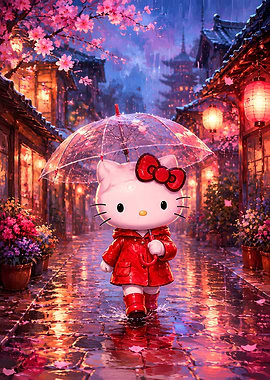 Hello Kitty Walking in Rainy Japan