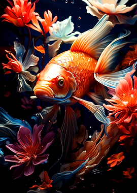 Golden Fish Among Vibrant Flowers