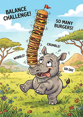 Rhino Balancing a Tower of Burgers