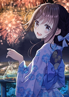 Anime Girl in Yukata with Fireworks