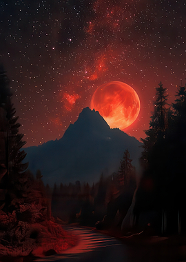 Red Moon Over Mountain Landscape