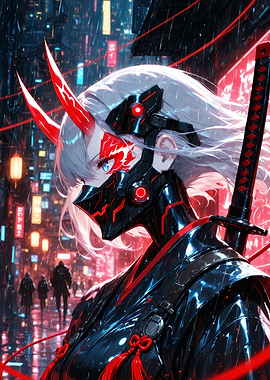Cyberpunk Oni Samurai Girl