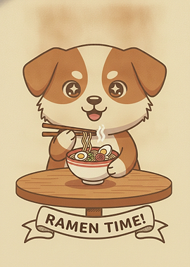 Cute Puppy Eating Ramen Illustration