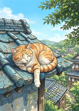 Ginger Cat Sleeping on Japanese Roof