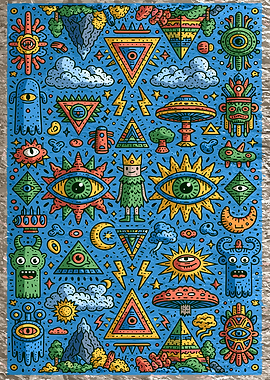 Psychedelic Doodle Pattern with Mystical Symbols