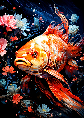 Vibrant Goldfish Amidst Floral Blooms