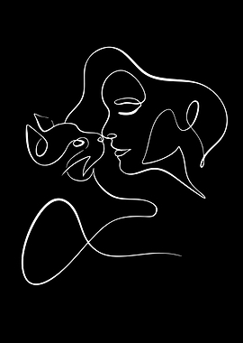 Minimalist Line Art Woman and Cat