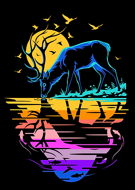 Neon Deer Drinking at Sunset