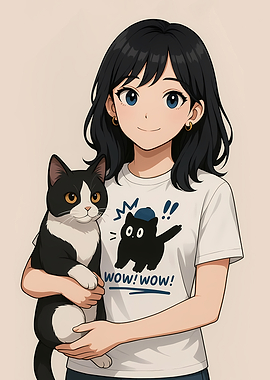 Anime Girl Holding Tuxedo Cat