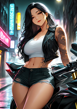 Biker Girl in City Night