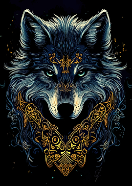 Ornate Golden Wolf Portrait