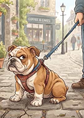 Grumpy Bulldog on a City Walk