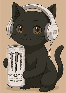 Cute Black Cat with Monster Energy