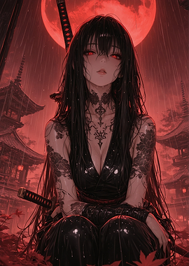 Tattooed Samurai Girl Under Red Moon
