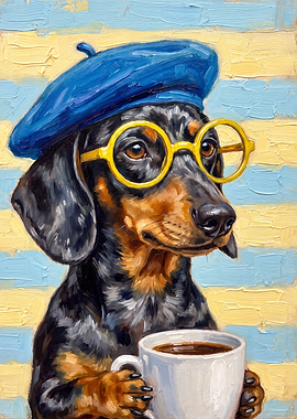 Dachshund Artist with Coffee