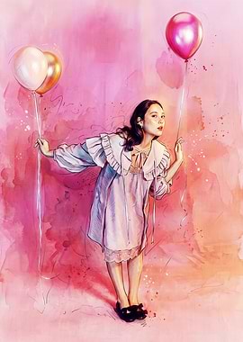Girl Holding Balloons Watercolor Illustration