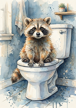 Cute Raccoon Sitting on Toilet