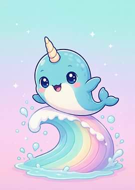 Cute Narwhal Riding a Rainbow Wave