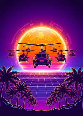 Retro Synthwave Helicopter Squadron Sunset