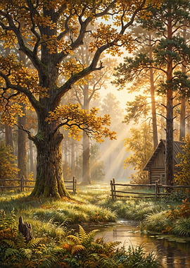 Golden Autumn Forest Cabin Landscape