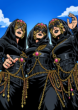 Three Mysterious Figures in Ornate Attire