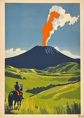 Vintage Style Volcano Landscape Poster