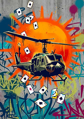 Helicopter and Playing Cards Graffiti Art