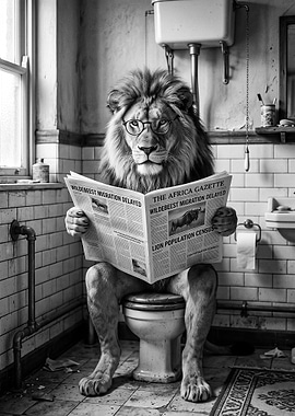 Lion Reading Newspaper on Toilet