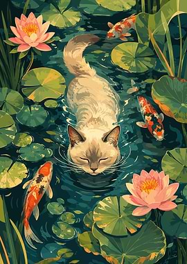 Cat Swimming Among Koi and Lilies